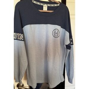 PINK Womens Top Sz M Blue Colorblock Long Sleeve Round Neck PINK Logo Pullover